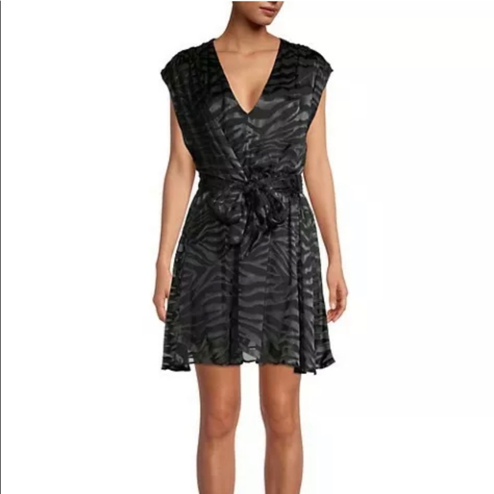 ALICE + OLIVIA ESSIE V-NECK ZEBRA PRINT BLACK MINI DRESS SIZE 0, originally 440